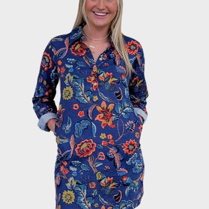 The Riley Cotton Shirt Dress in Blue Hand Blocked Floral — view 7