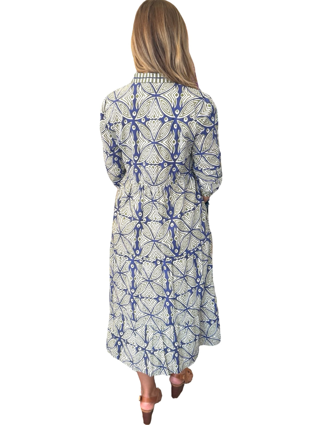 The Daniella Embroidered Trim Dress in Navy Green