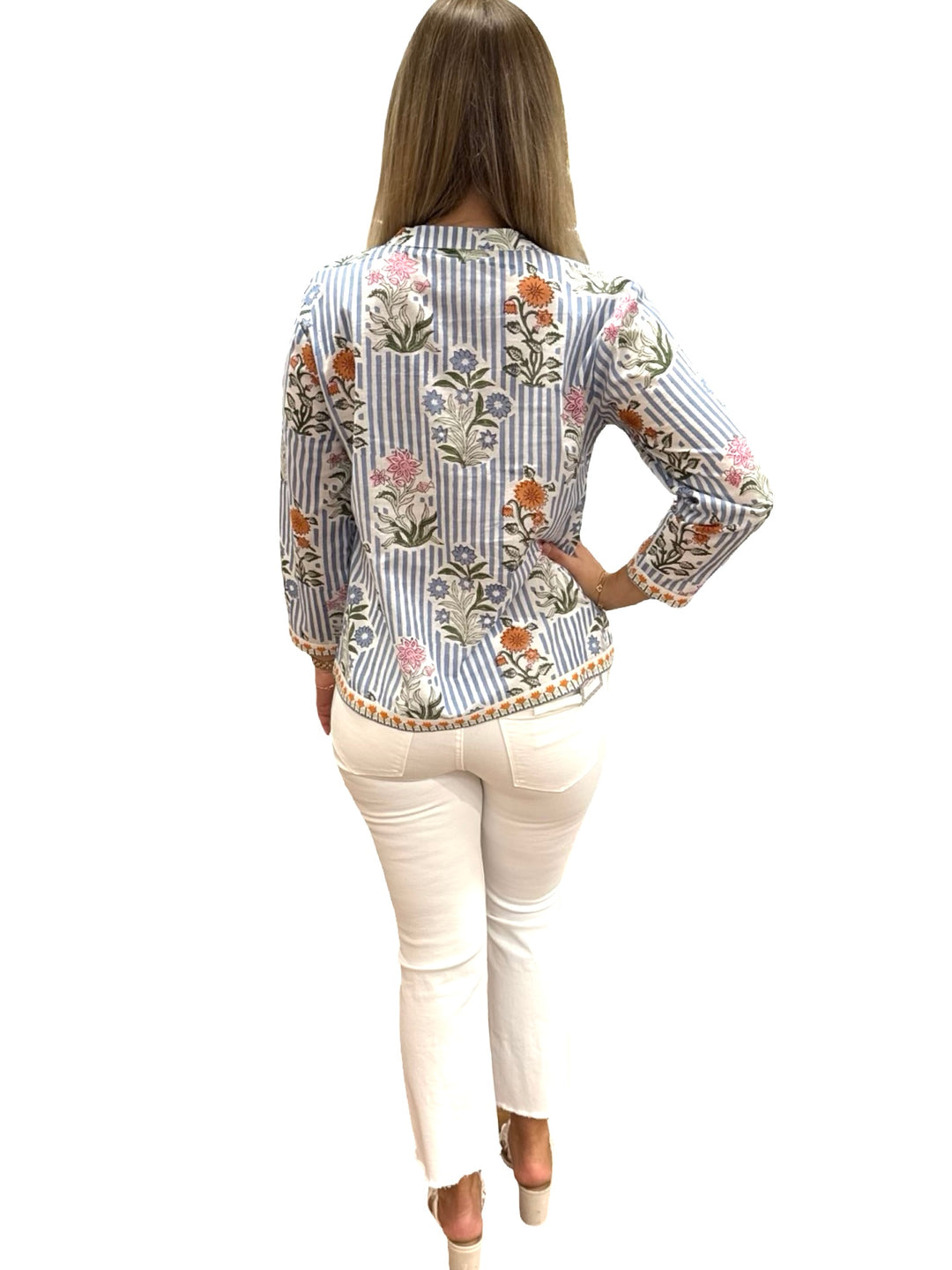 The Kelsea Top in Blue Striped Floral — view 5