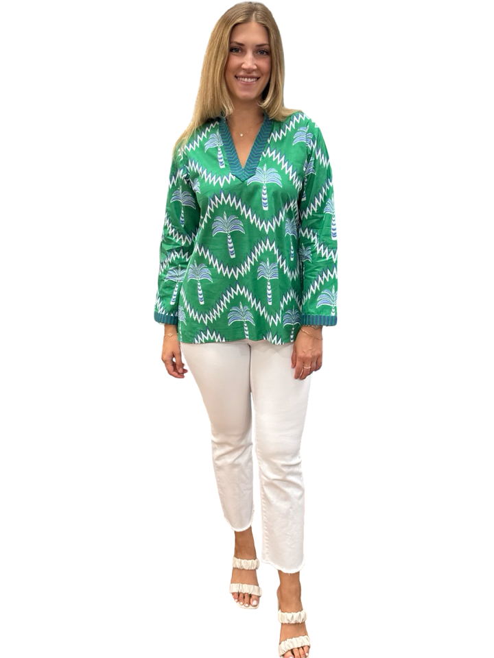 The Winslow Embroidered Trim Tunic in Green Navy Palm Print — view 8