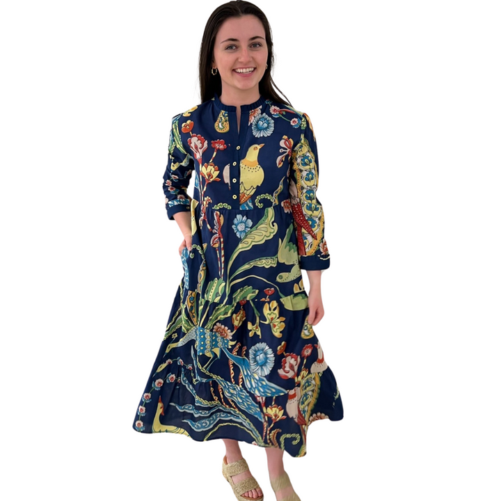 The Penny Navy Bird Print Dress in Blue Bird Floral — view 4