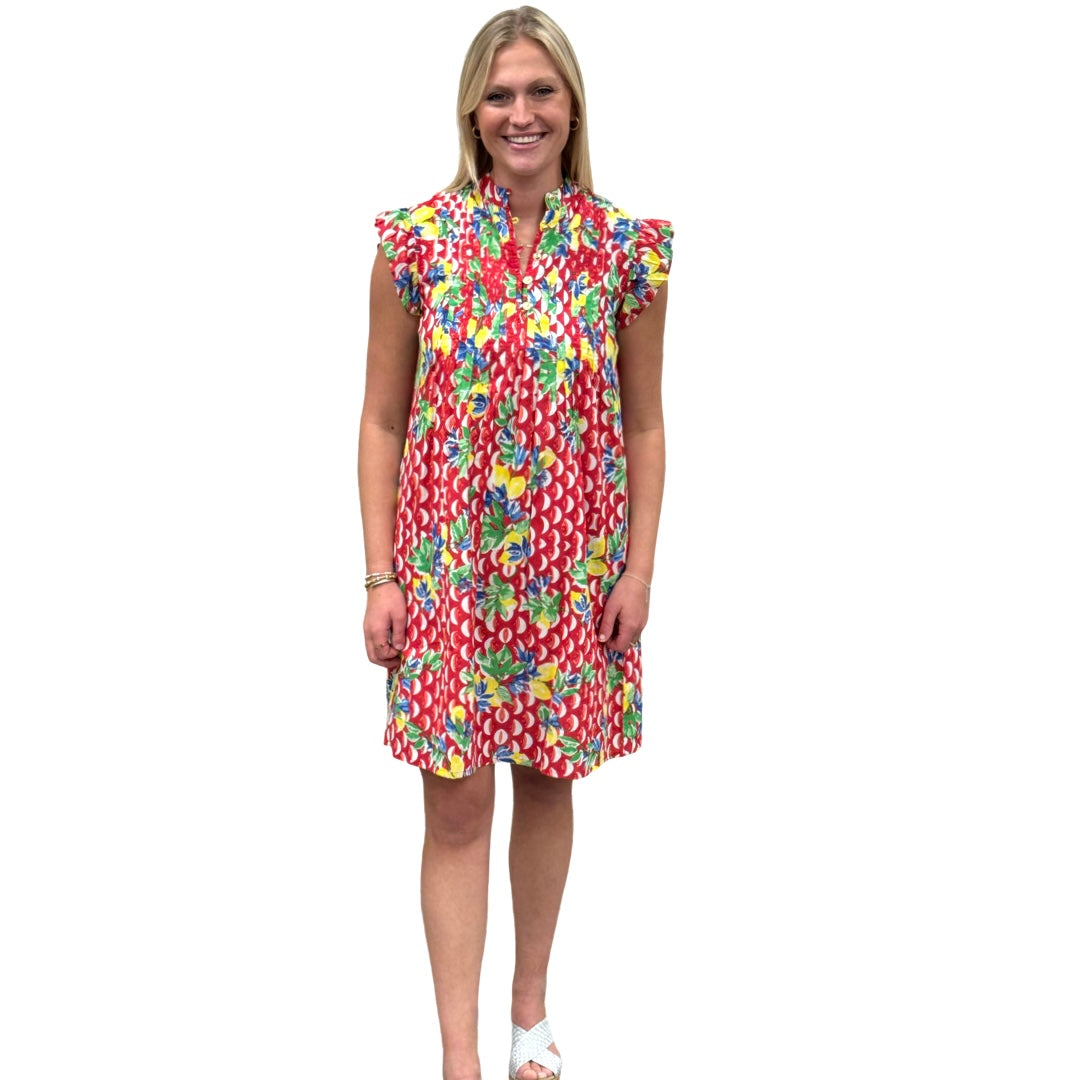 The Maggie Flutter Sleeve Dress in Red Floral Geometric — view 3