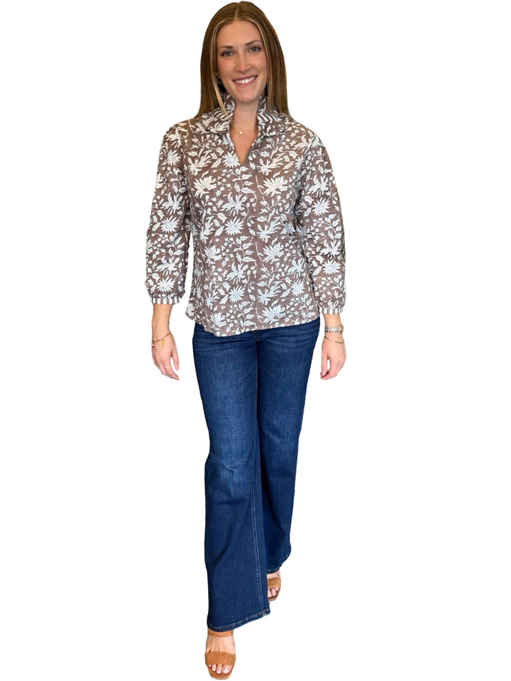 The Laurel Hand Block Printed Top in Chocolate Brown Floral