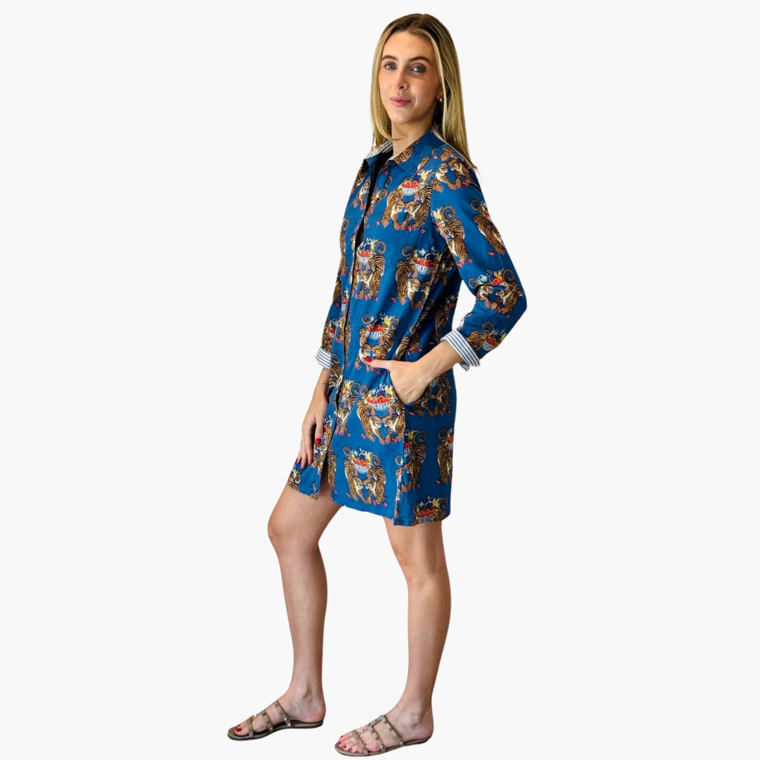 The Cullen Button Front Shirt Dress in Royal blue Twinning Tiger Cotton — view 4