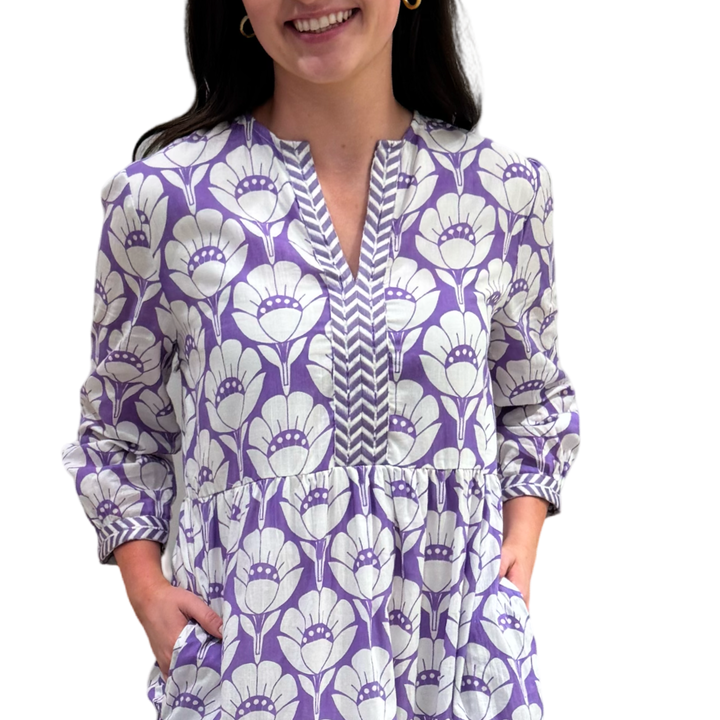 The Daniella Lavender Purple White Embroidered Cotton Dress — view 4