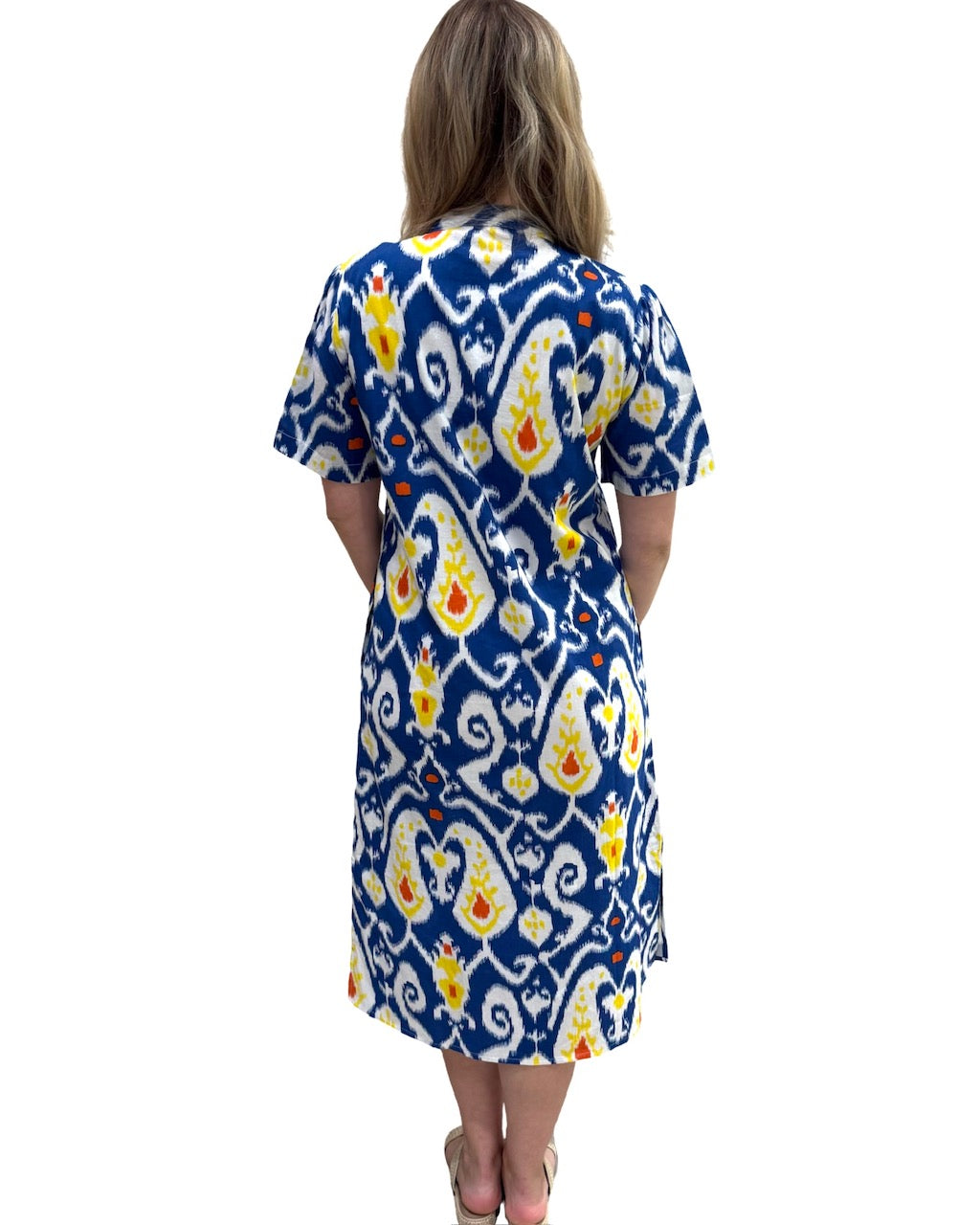 The Tabitha Button Front Short Sleeve Dress in Blue Yellow Cotton Ikat Print — view 5