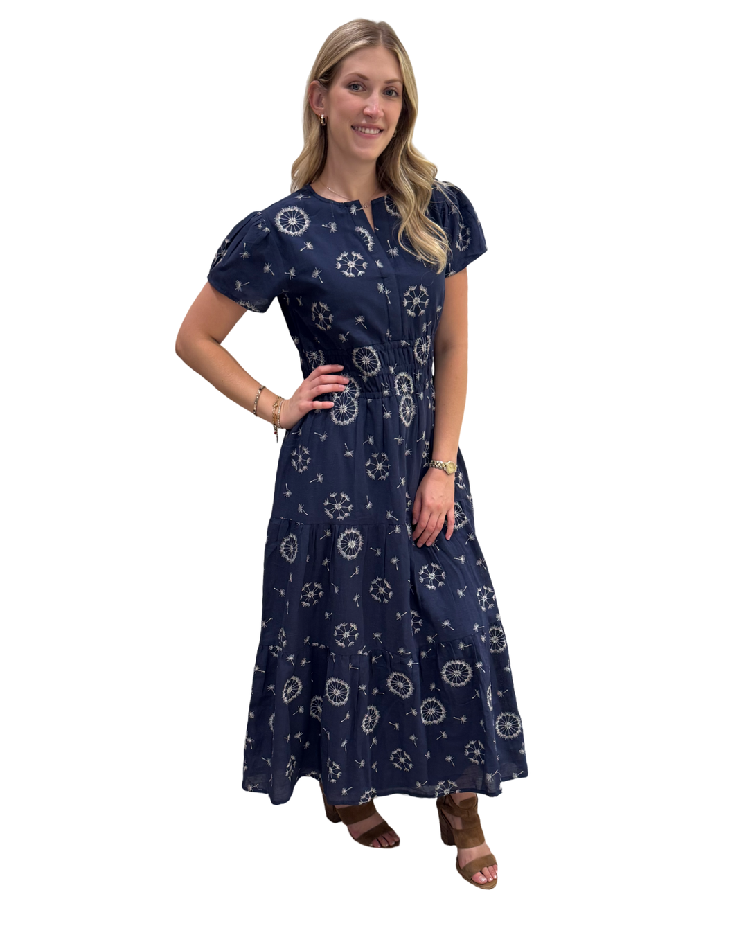 The Sydney Long Cinch Waist Dress in Blue White Embroidered Floral — view 3