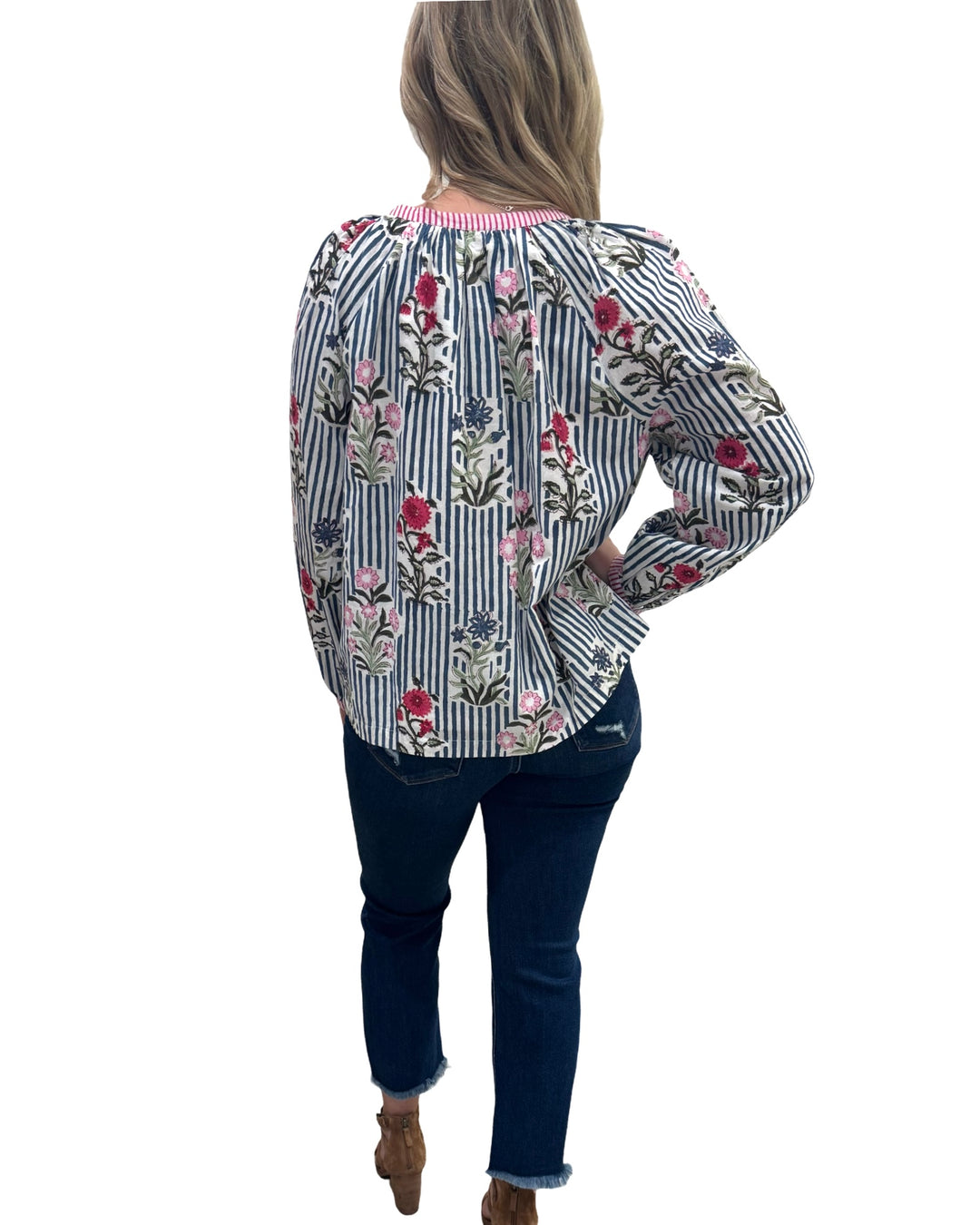 The Chandler Hand Block Printed Floral Striped Cotton Top in Blue Multi — view 5