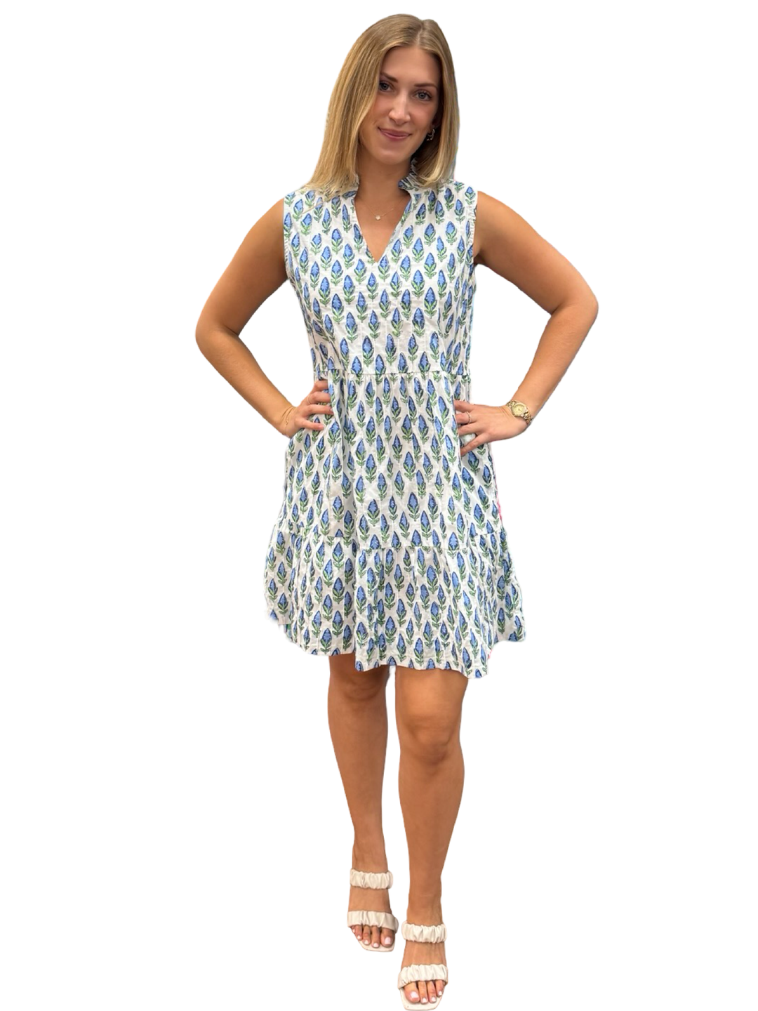 The Bennett Sleeveless Cotton Dress in Blue Hand Block Printed Blue Tulip Floral — view 3