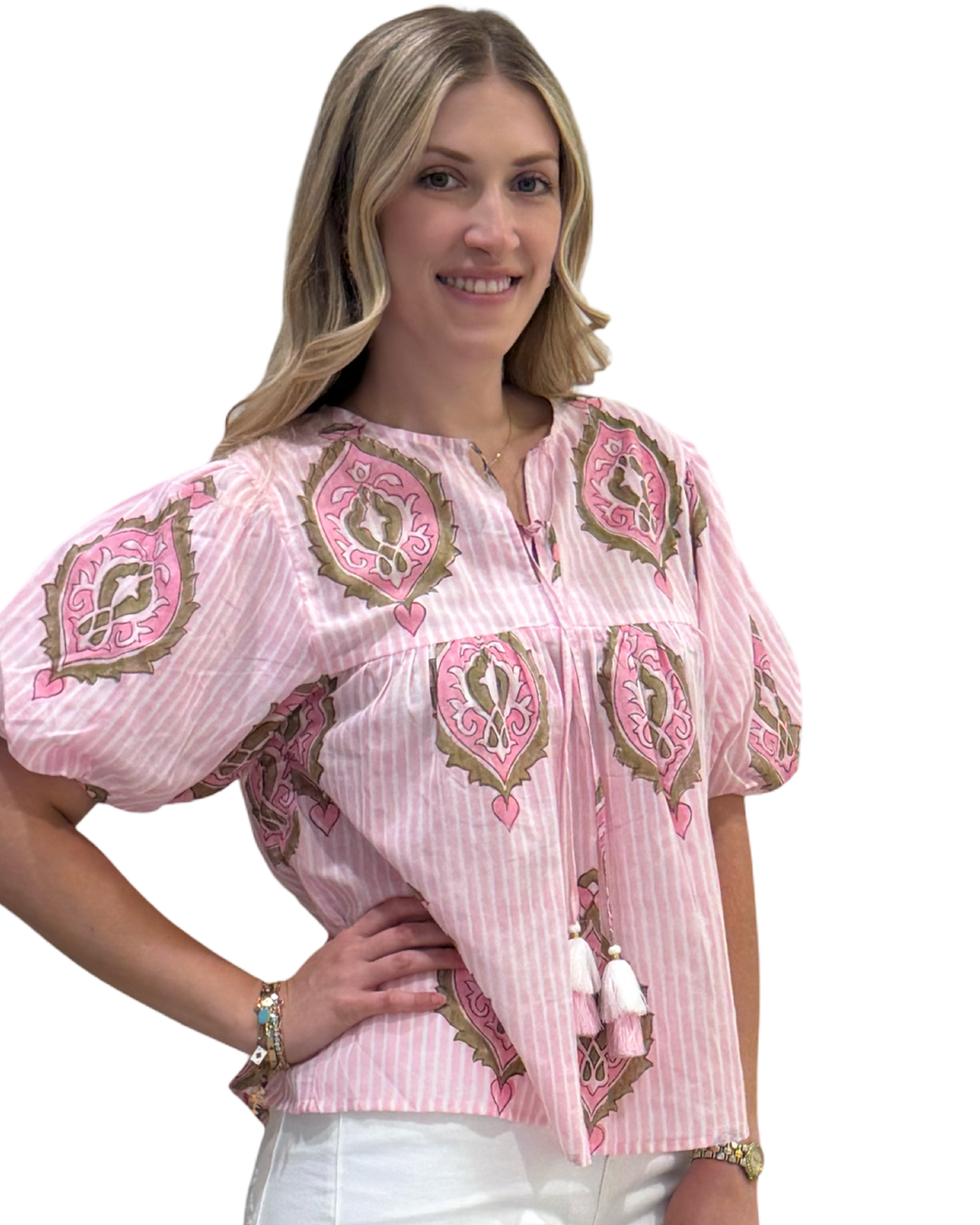 The Poppy Puff Sleeve Top in Pink and Mocha Hand Block — view 5