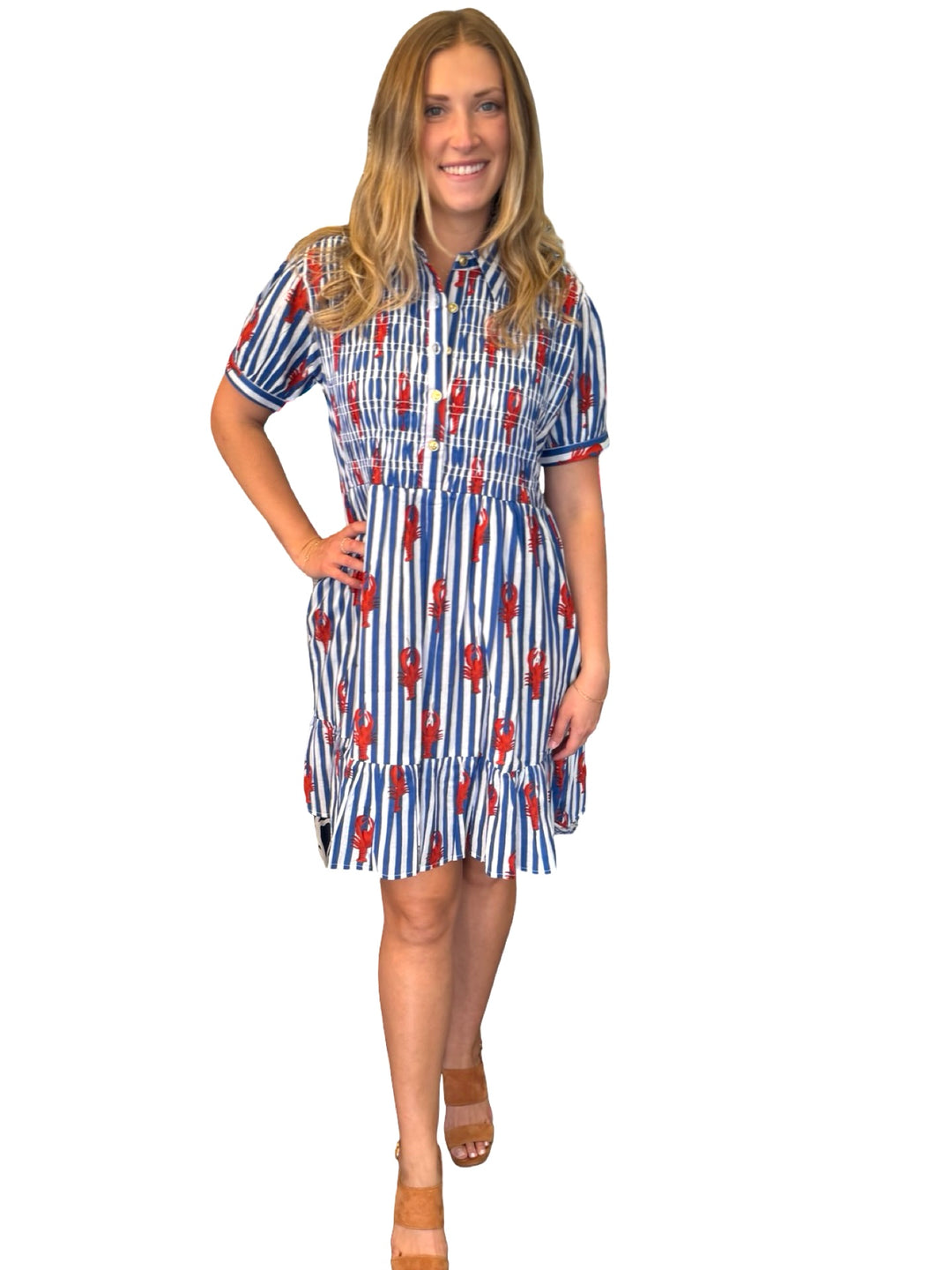 The Tasha Smocked Front Dress in Lobster Striped Cotton