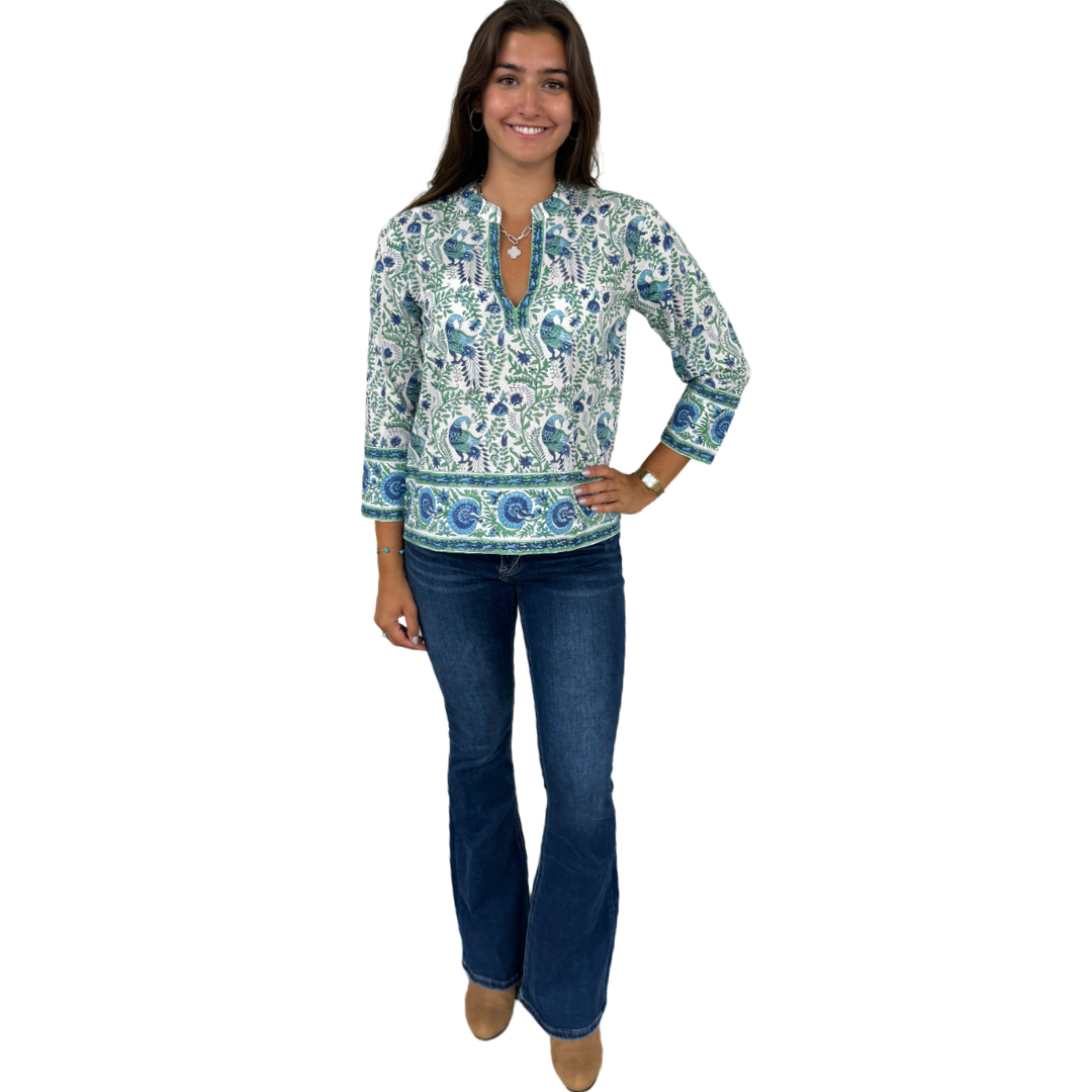 The Kelsea Cotton Hand Block Peacock Print Top in Blue Green