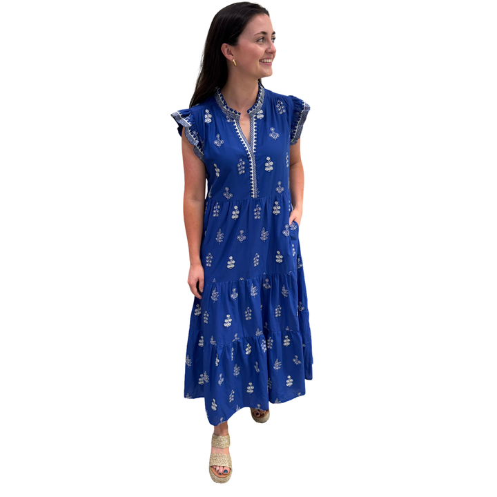 The Campbell Embroidered Dress in Royal and White — view 4