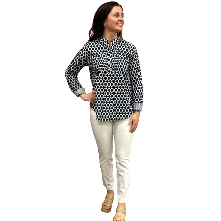 The Avery Navy and White Button Front Top — view 4