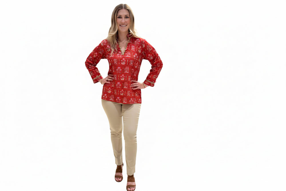 The Winslow Gold Bead Trim Tunic in Red — view 2