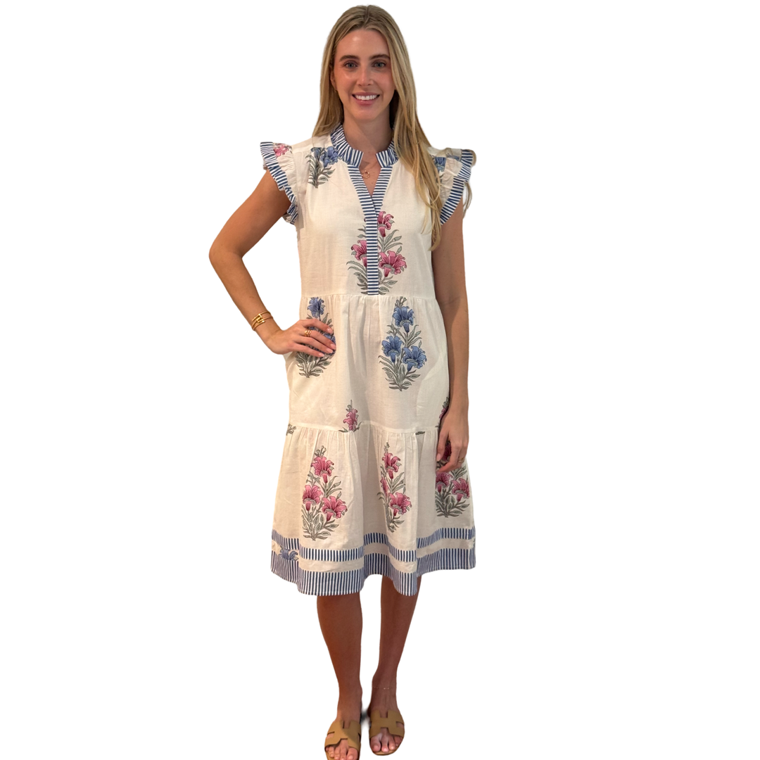 The Campbell Striped Trim Hand-Blocked Floral Midi Dress
