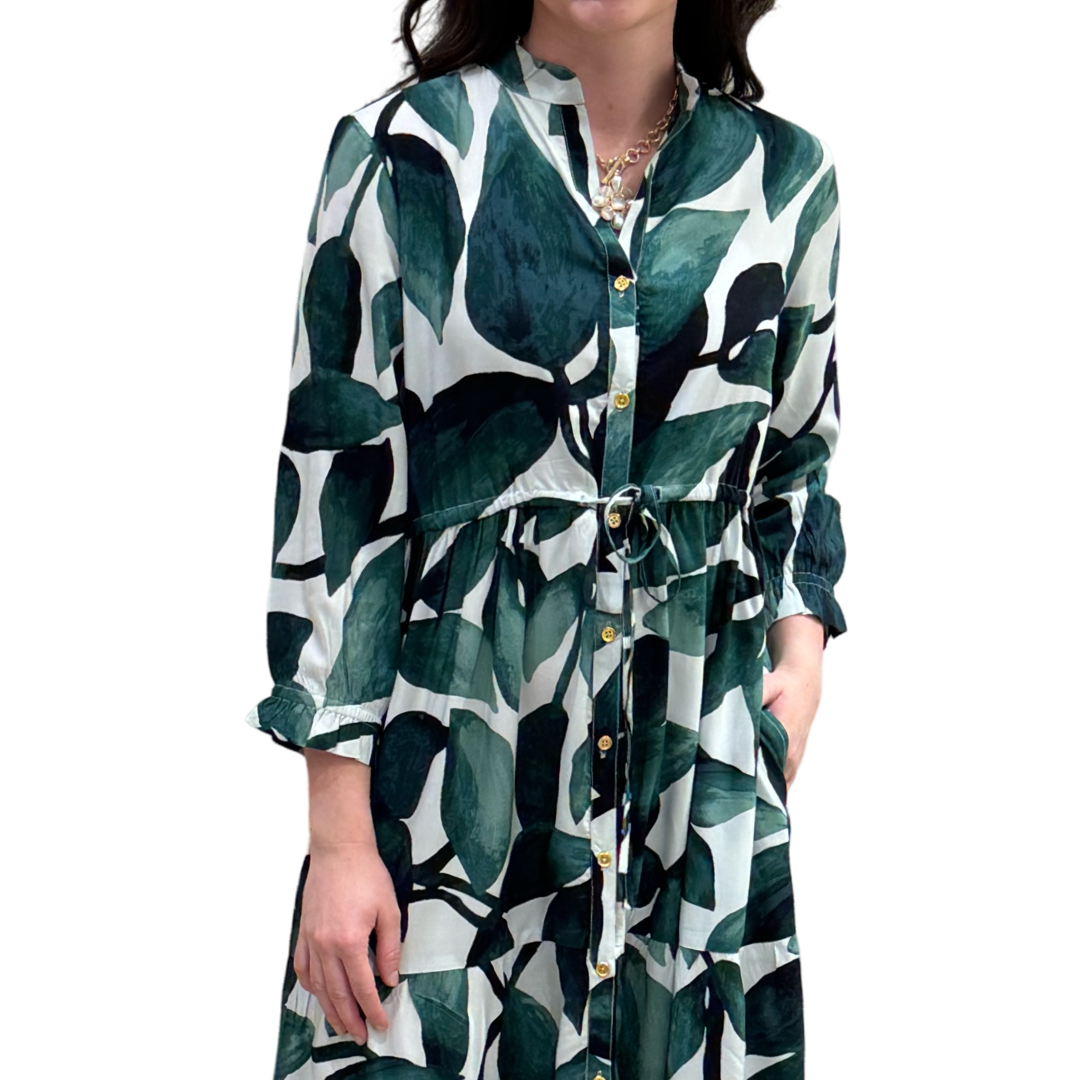 The  Hamilton Tie Waist Dress in Topiary Green Palm Print — view 4