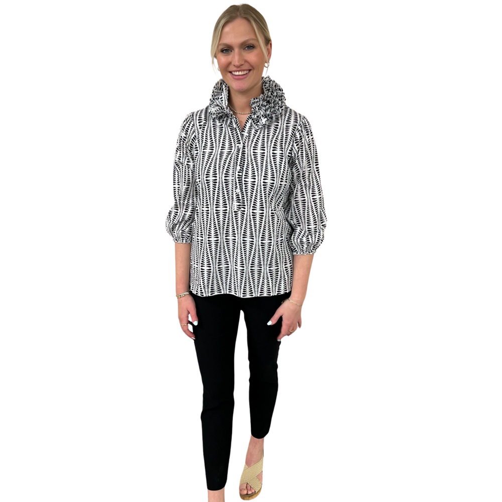 The Maria Ruffle Neck Top in White and Black Splatter Print — view 2