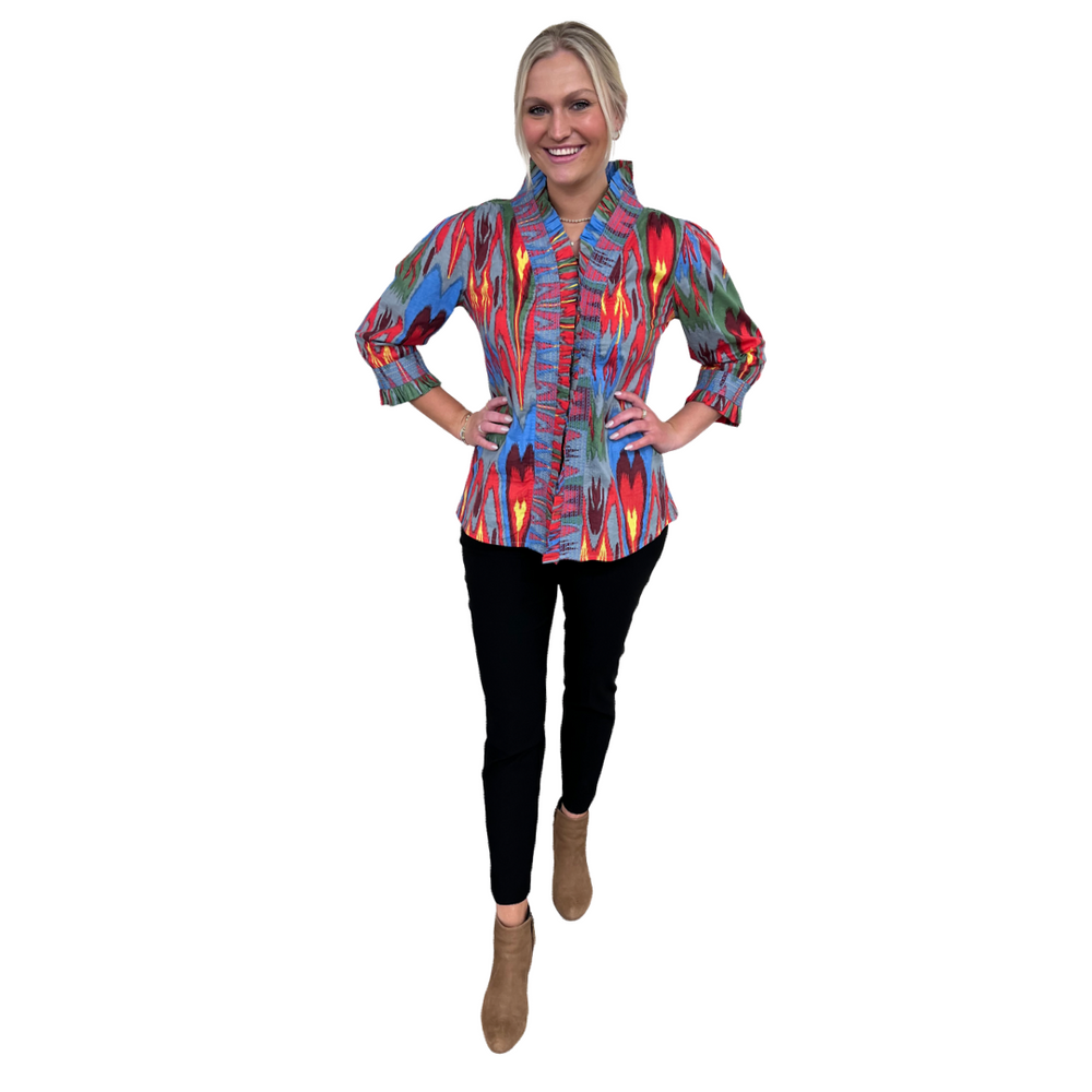 The Amelia Ruffle Front Top in Multicolored Cotton Ikat — view 2
