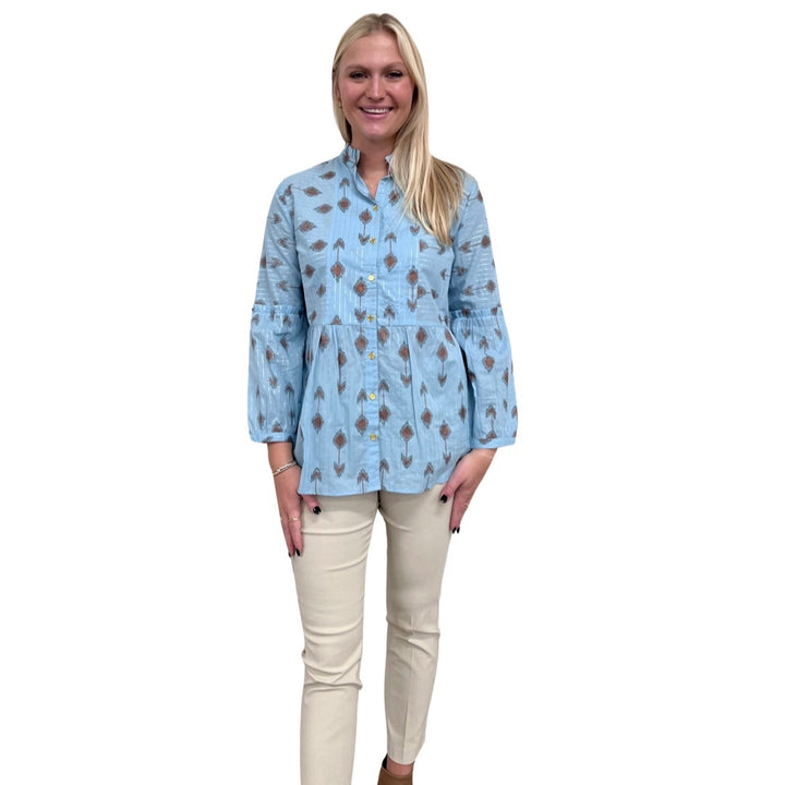 The Carmen Button Front Top in Blue Lurex Cotton — view 2