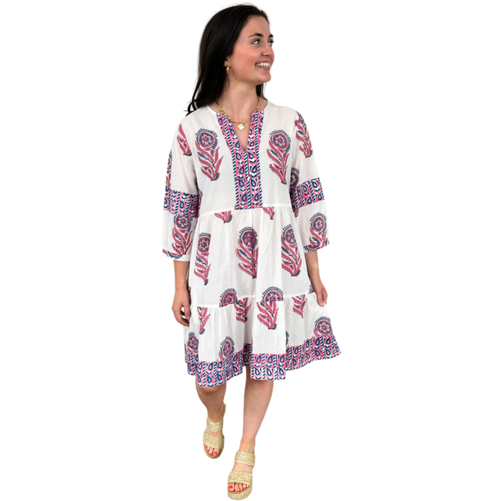 The Evie Hand Block Printed Dress in White and Pink Floral — view 3