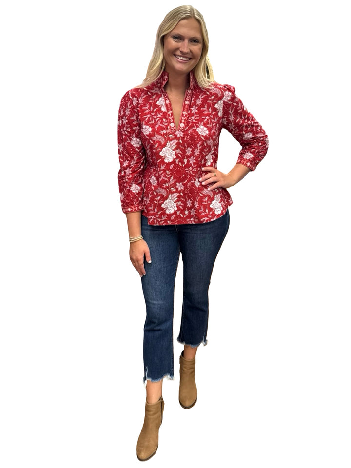 The Missy Hand Block Printed Floral Top in Red