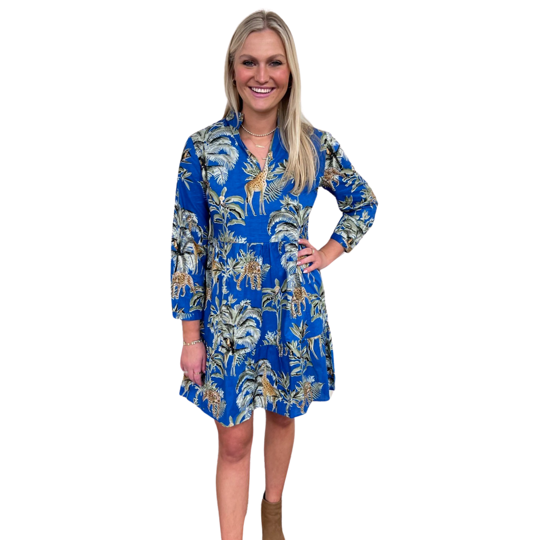 The Marnie Cotton Jungle Print Dress in Brilliant Blue — view 4