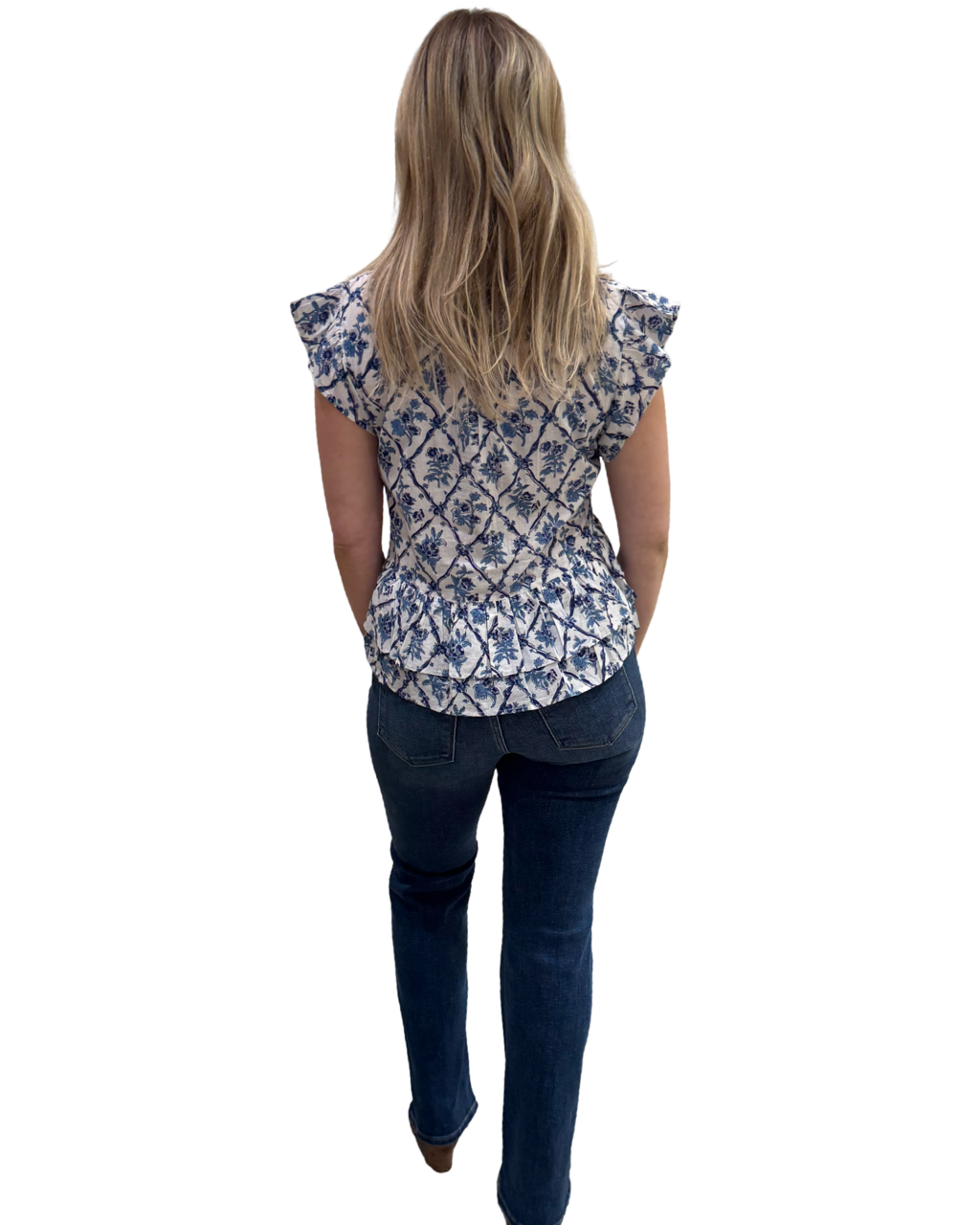 The Bella Ruffle Trimmed Top in White Blue Floral Border Print Cotton — view 4