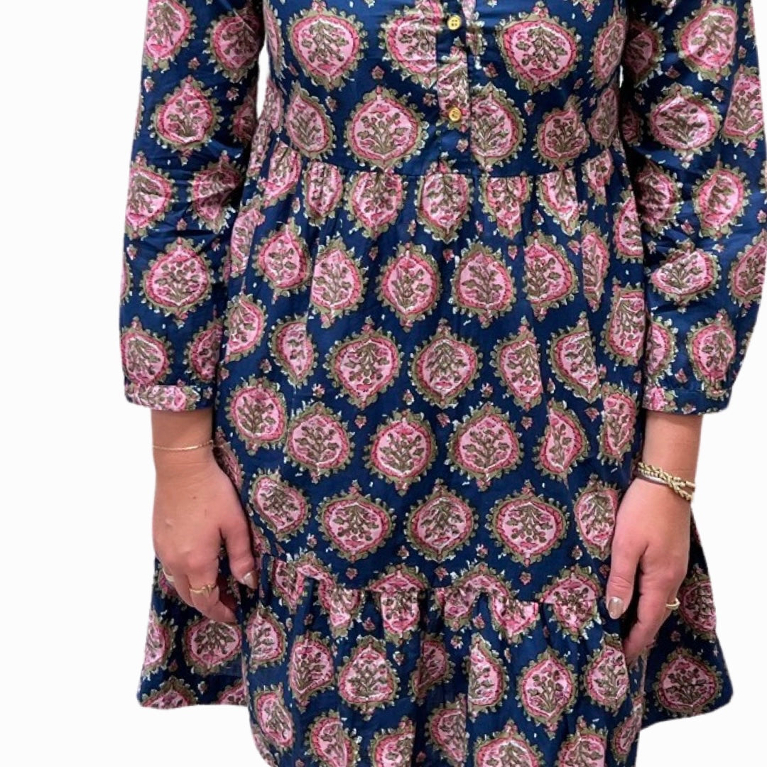 The Kalie Floral Block Print Dress in Blue and Pink — view 6