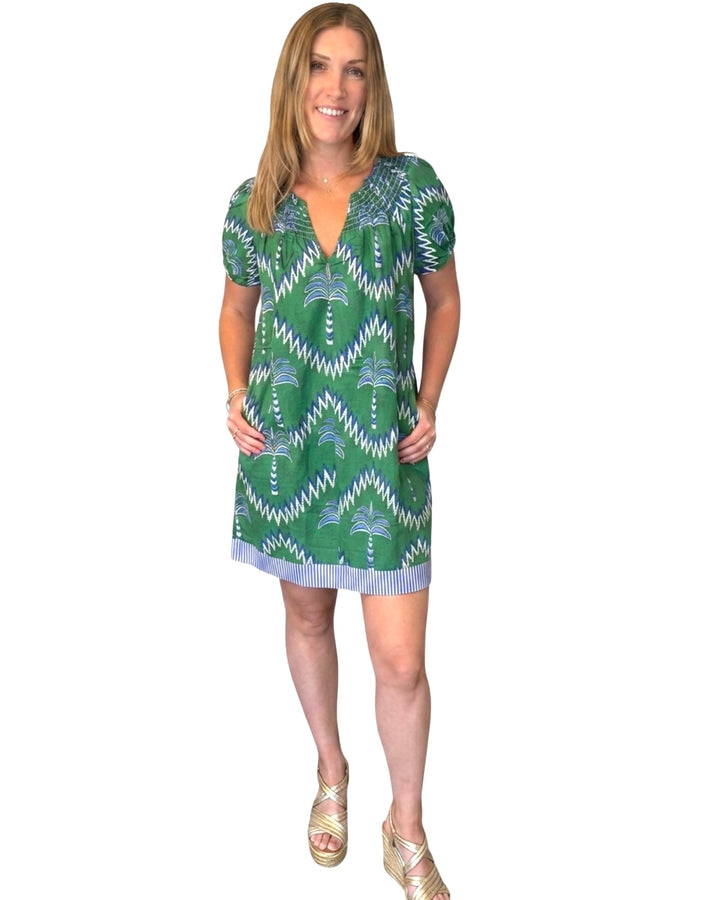 The Michelle Smocked Neck Dress in Green Blue Palm Print