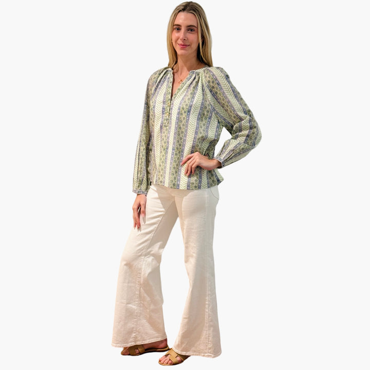 The Chandler Cotton Top in Light Green Hand Blocked Chevron Floral — view 7
