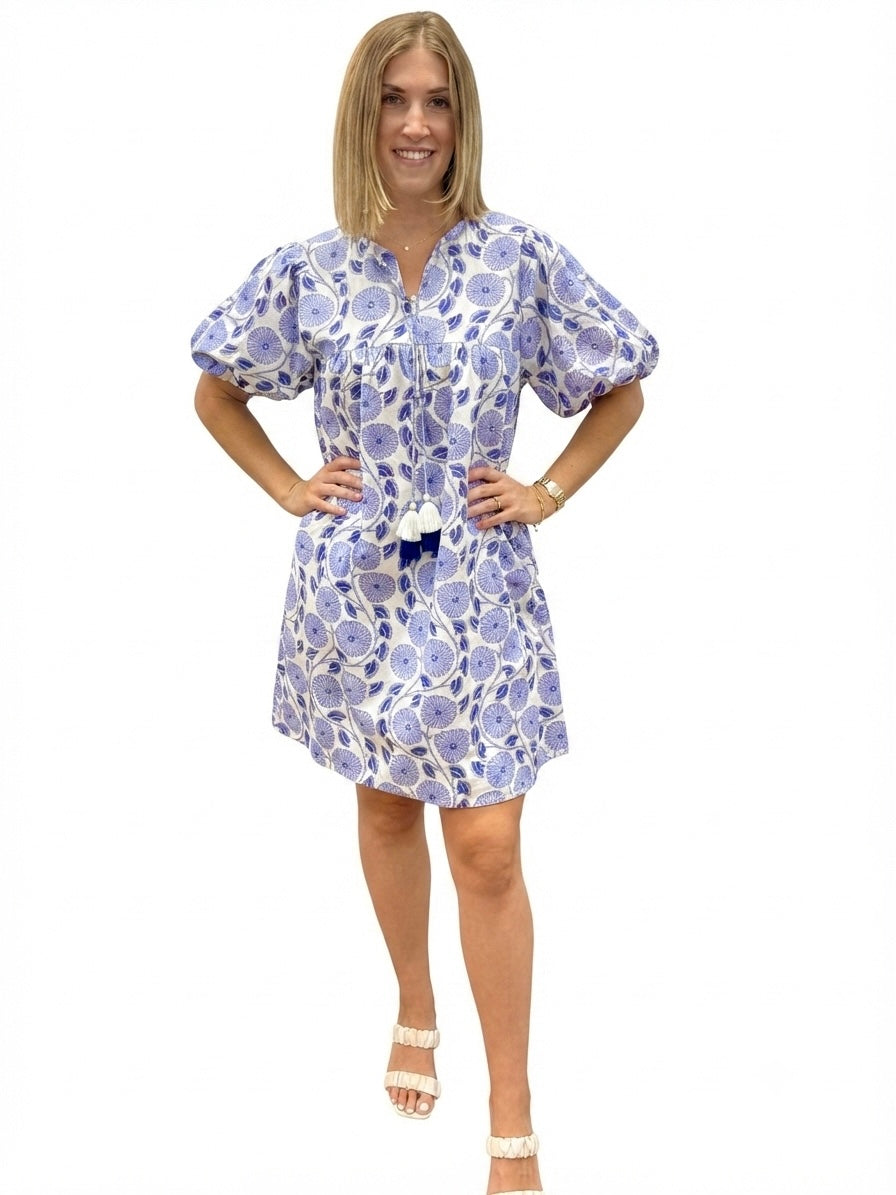 The Poppy Dress in Purple White Hand-Block Printed Floral