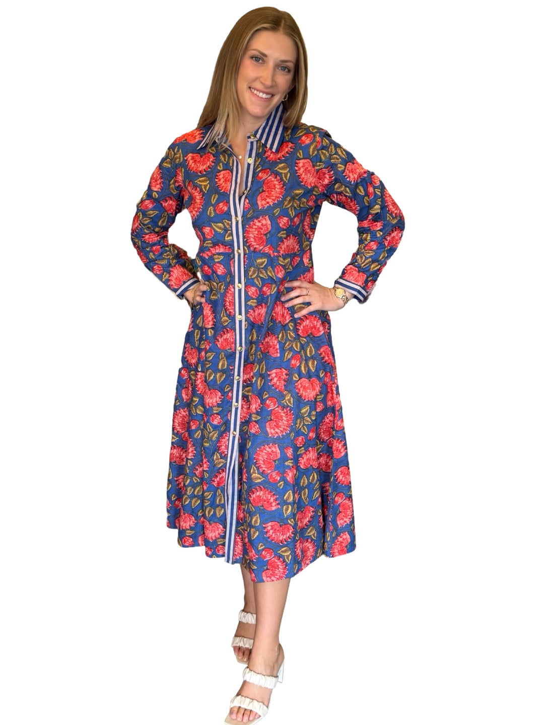 The Marion Button Front Dress in Blue Red Floral Print