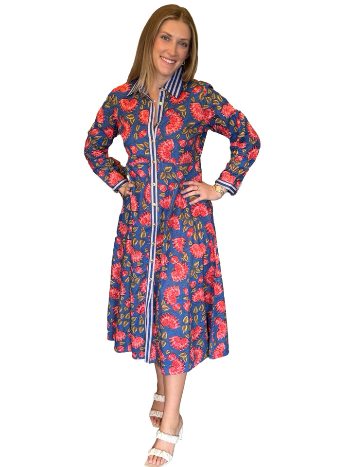 The Marion Button Front Dress in Blue Red Floral Print