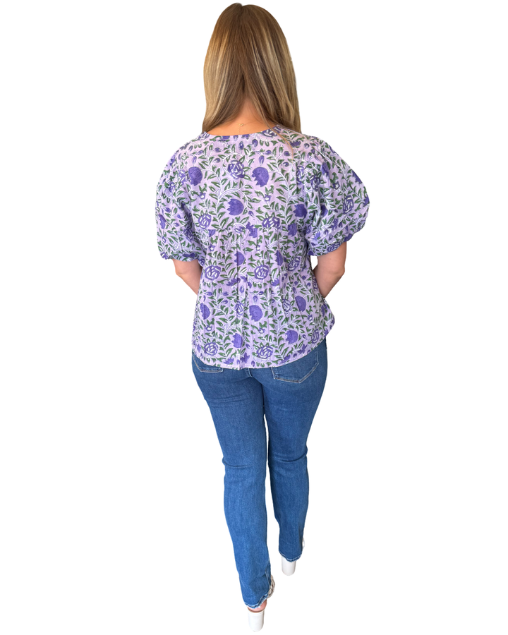 The Poppy Puff Sleeve Top in Purple Floral Hand Block Printed Cotton — view 6
