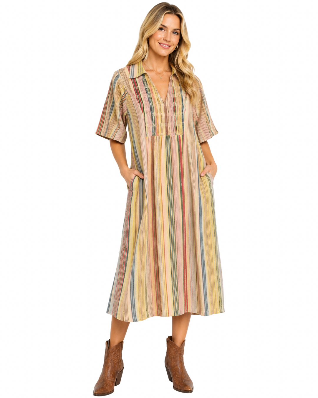 The Joanie Multi Striped Cotton Smocked Dress