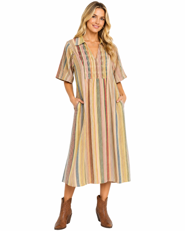 The Joanie Multi Striped Cotton Smocked Dress