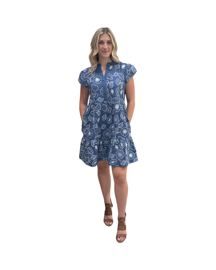 The Preston Embroidered Short Sleeve Dress in Blue white — view 2