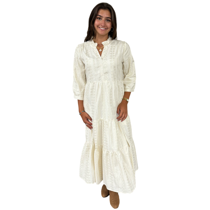 The Campbell Cream and Gold Jacquard Dress — view 7