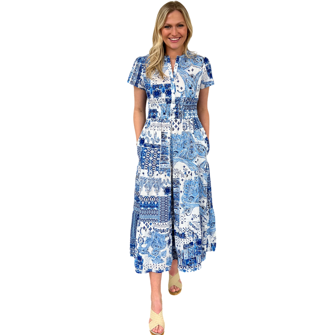 The Sydney Cinch Waist Blue and White Patch Print Dress
