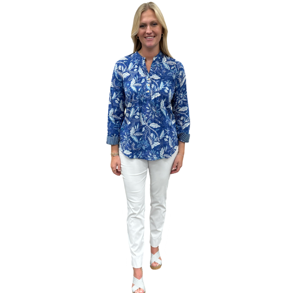 The Avery Cotton Hand Block Printed Top in Brilliant Blue Floral — view 2