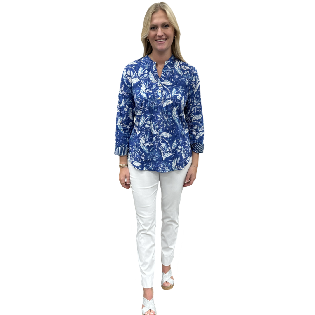 The Avery Cotton Hand Block Printed Top in Brilliant Blue Floral — view 2