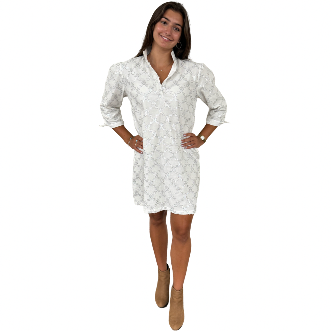 The Shipley Stand-Up Collar Dress in Metallic White and Silver — view 3