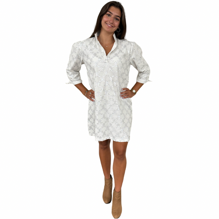 The Shipley Stand-Up Collar Dress in Metallic White and Silver — view 3