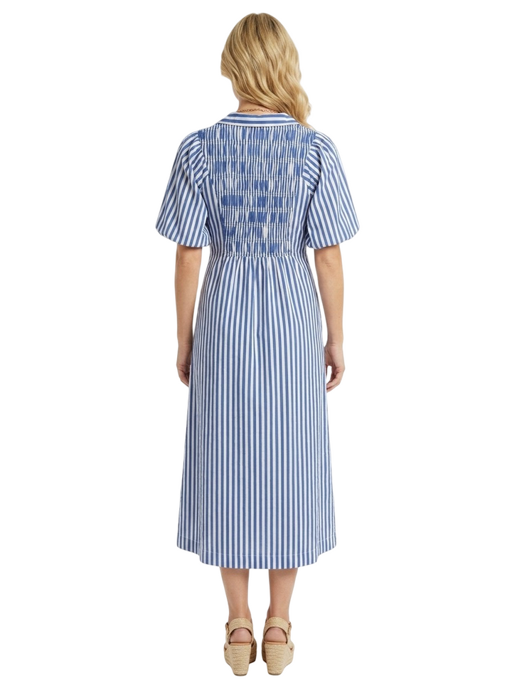 The Joanie Smocked Blue White Striped Dress — view 6