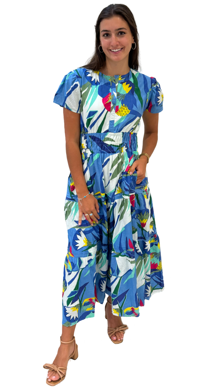 The Sydney Cinch Waist Dress in Blue Multi Color Tropical Cotton — view 4