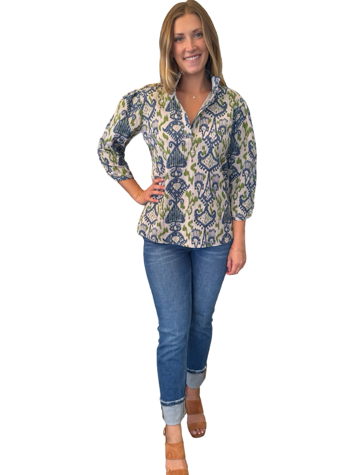 The Shipley Top in Green Blue Ikat Cotton