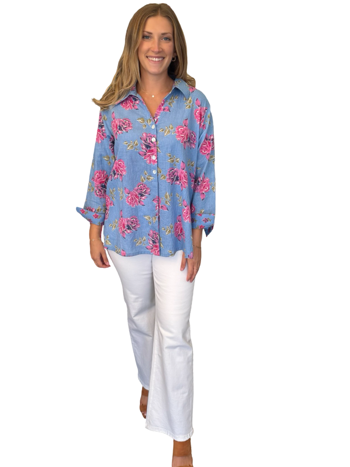 The Mason Button Front Top in Cornflower Blue Pink Floral
