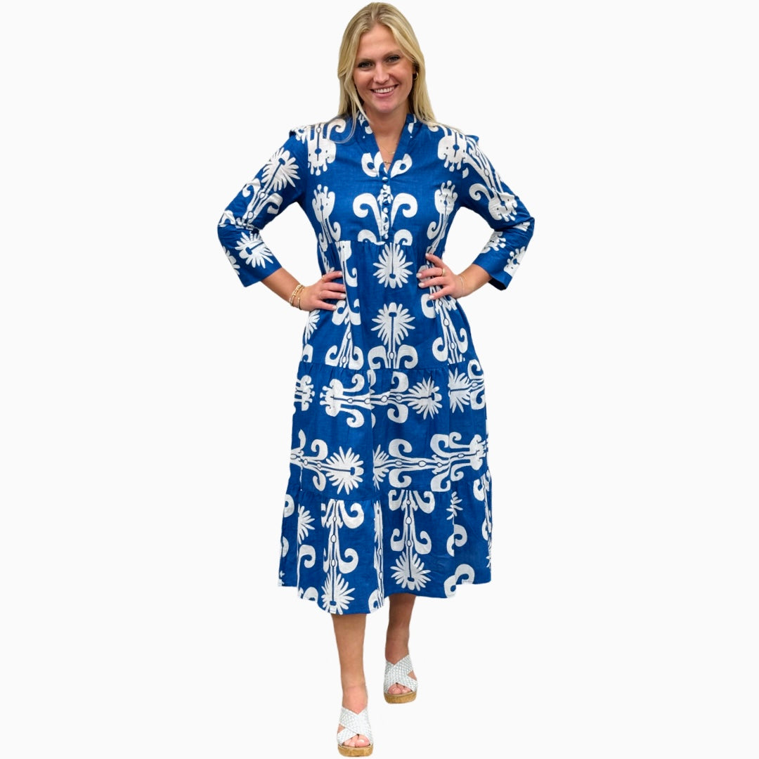 The Addison Dress in Blue White With Self Covered Button Placket