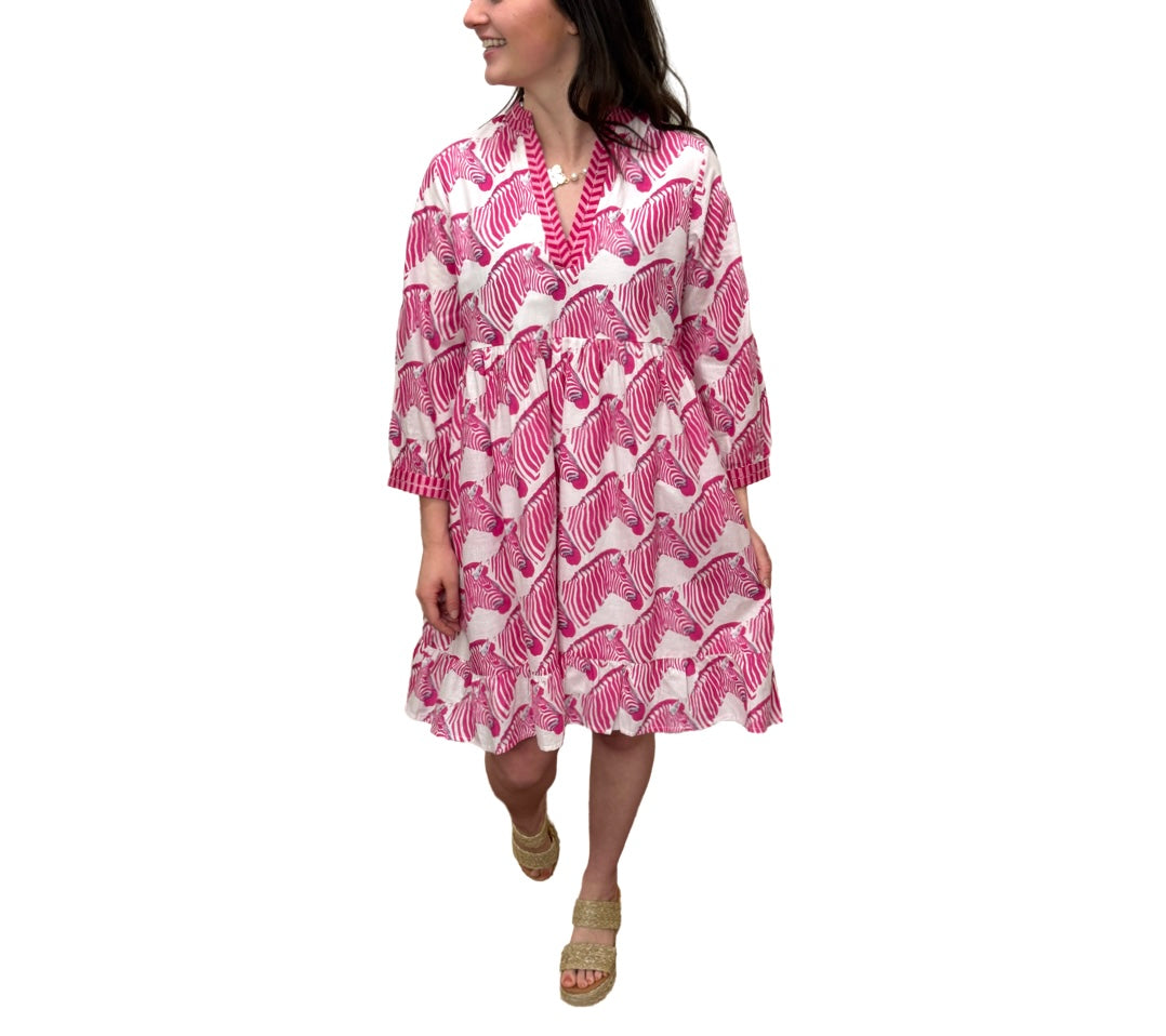 The Show Your Stripes Morley Embroidered Trim Dress in Pink and White Zebra Print — view 4